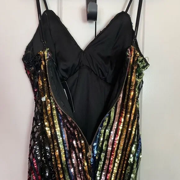 Fashion Nova Black and Green Sequin striped Dress adjustable straps NWT size L - Picture 8 of 16